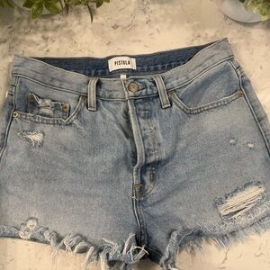 pistola light blue distressed denim cutoff shorts